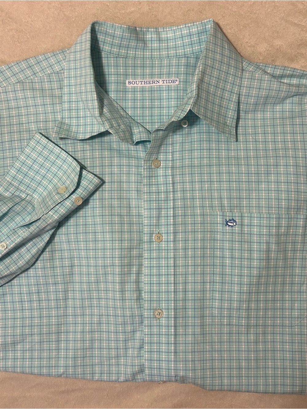 Southern Tide Men L Plaid Button Down Shirt Long Sleeve Mint Green Stretch Sport